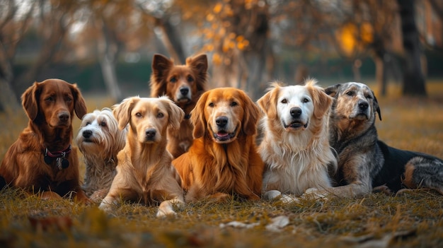 草の中に座っているたくさんの犬のグループ ai