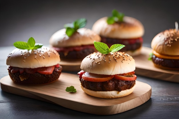 A group of burgers with tomato sauce on them