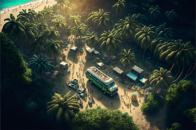 Group of buses parked on top of a sandy beach generative ai