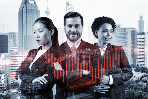 Group of business colleagues in suits as a part of\
multinational corporate team working on forecasting trading\
corporate strategy at fund forex chart kuala lumpur on background\
double exposure