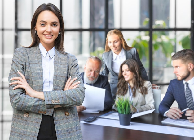 Group of business partners discussing ideas and planning work in office