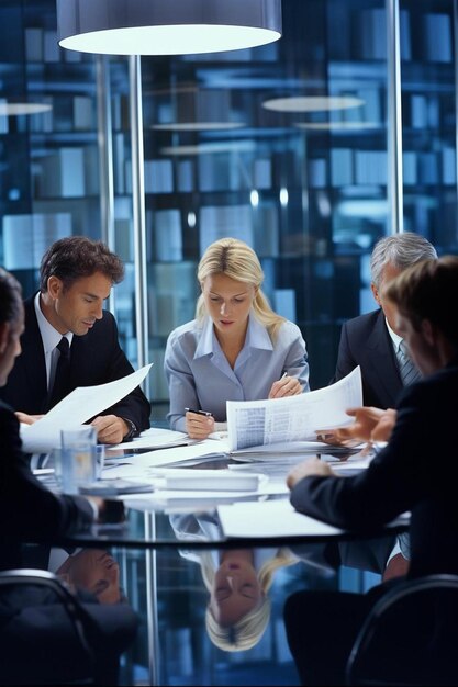 Photo a group of business people are sitting around a table with papers and papers