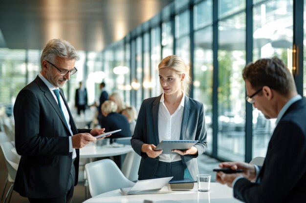 Group of business people are talking and smiling while standing in the office