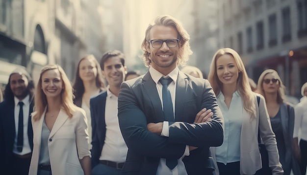 Group of business people in business suits on the street