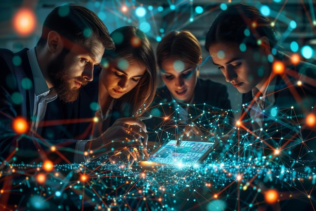 Foto gruppo di uomini d'affari che discutono idee davanti a uno schermo digitale con connessioni di rete