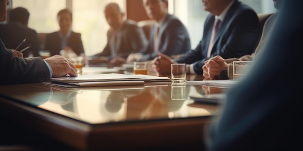 Foto gruppo di uomini d'affari che discutono a un tavolo adatto per presentazioni aziendali
