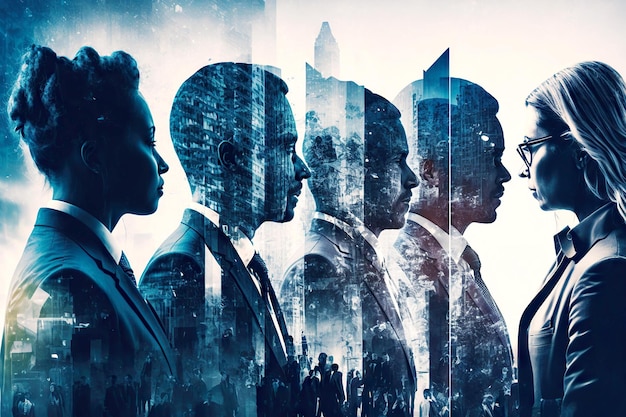 Group of business people double exposure teamwork cooperation and coworking concept
