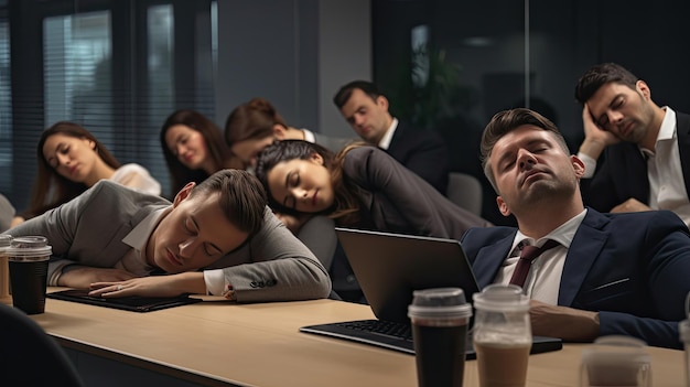 Group of business people exhausted from hard work and overworking so they falling asleep on the table while their boss shrugging shoulders to make don't know gesture during meeting in conference room