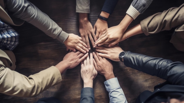 Group of business people hand putting together top view