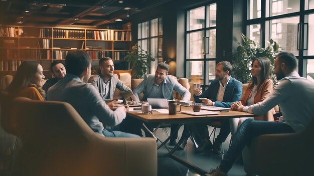 Group of business people having formal meeting in open space