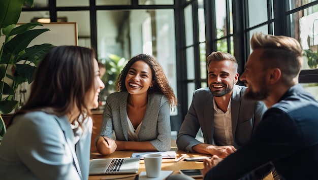 Photo group of business people having a meeting in the office they are smiling and talking