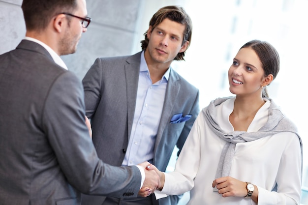 Group of business people introducing one another in modern office