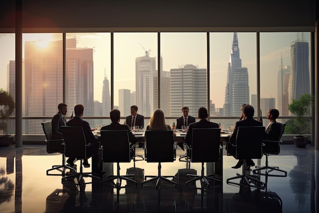 Group of business people in a meeting in a modern office with panoramic windows Modern business conference in a boardroom full rear View No visible faces AI Generated