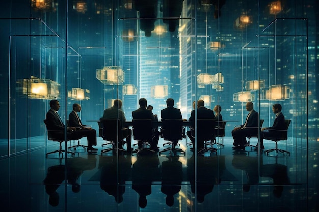 A group of business people in a meeting room.