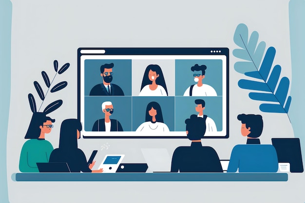 a group of business people in an online video conference meeting