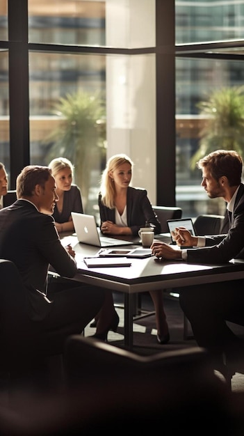 Photo a group of business people sit around a table with laptops and a man in a suit