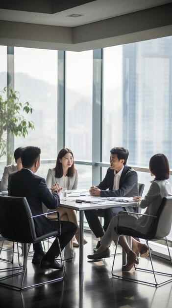 Photo a group of business people sit at a table in a conference room