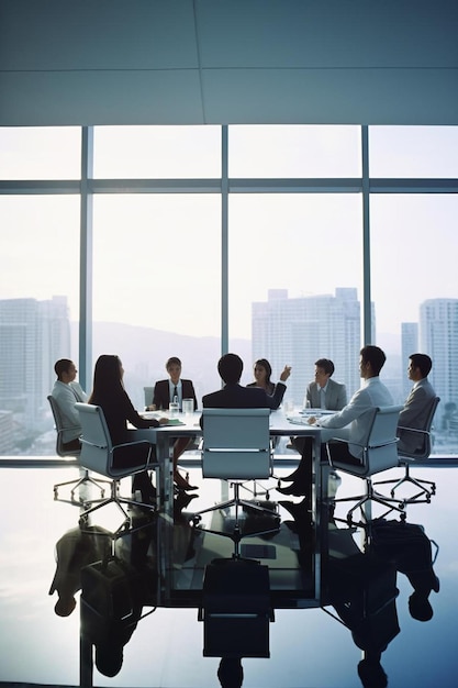 a group of business people sit at a table in front of a large window