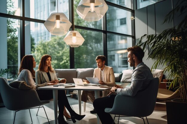 A group of business people sit at a table and talk.