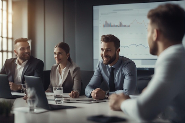 a group of business people sit at a table with a laptop and a glass of water.