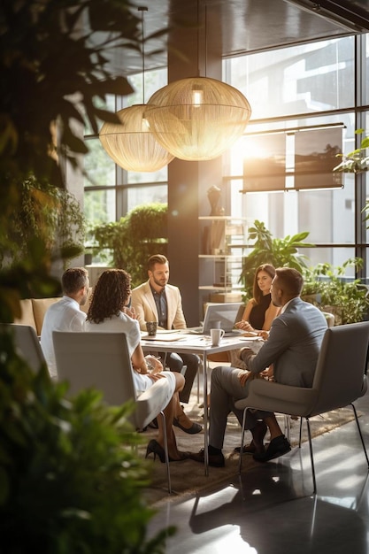 group of business people sitting around a table in a lobby with a large window and plants