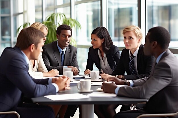 Photo a group of business people sitting around a table, one of which has a business card on it.