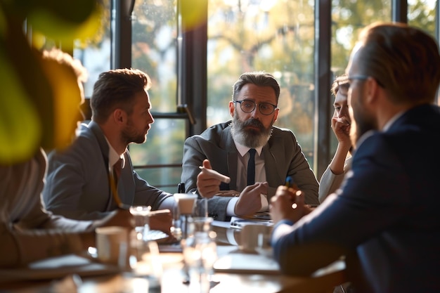 Photo group of business people sitting at table and discussing business plan in office ai generated