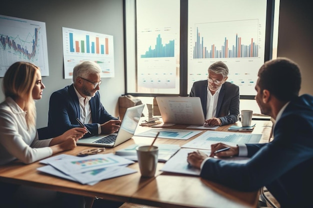 Group of business people sitting at a table with a chart that says businesspeople.