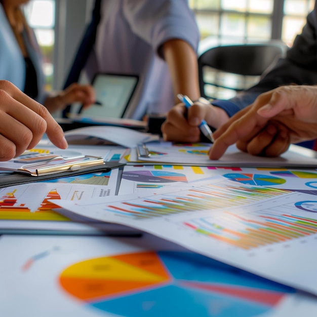 a group of business people sitting at a table with a graph on it