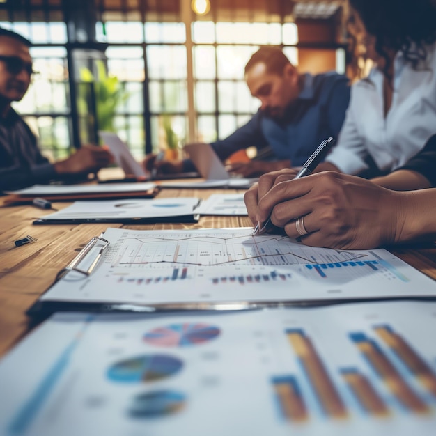 a group of business people sitting at a table with a graph on it