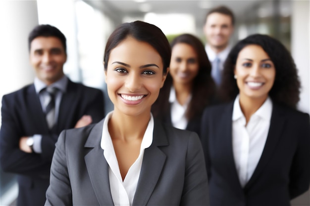 A group of business people smiling and looking at the camera