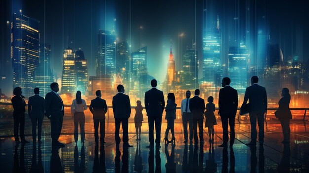 A group of business people stand in front of a cityscape generative ai