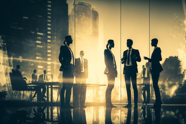 A group of business people stand in a meeting room.