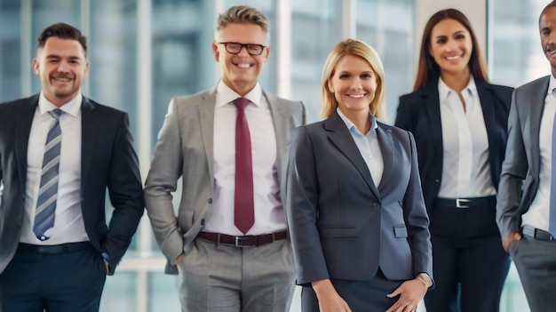 a group of business people standing in front of a window