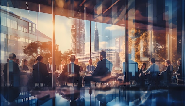 a group of business people standing in front of a window