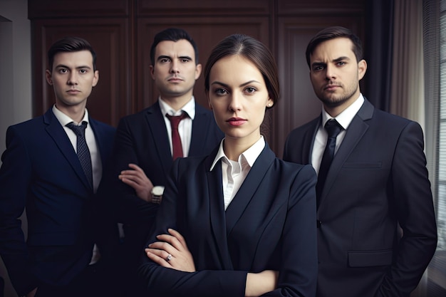 Group of business people standing in office and looking at camera