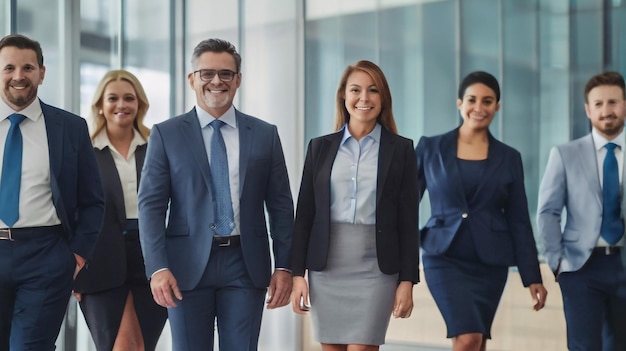 a group of business people walking in a meeting room