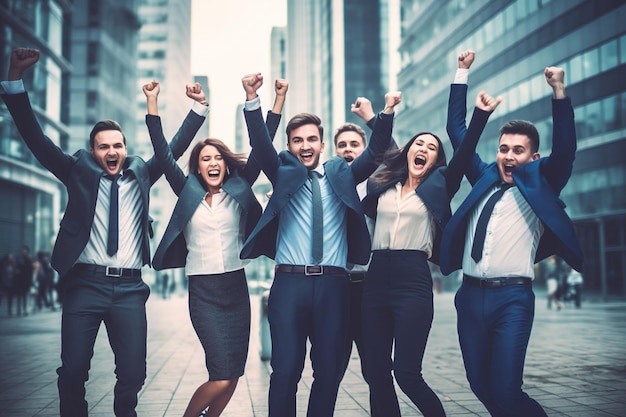 group of business people with arms up in the air