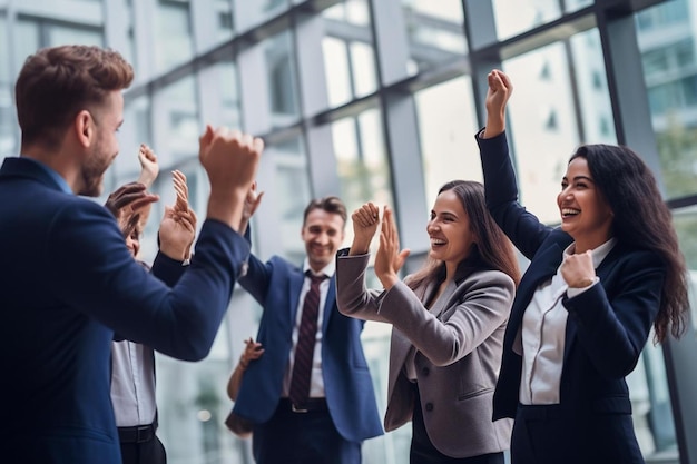 Group of business people with raised hands in the air