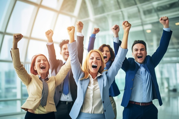 Photo a group of business people with their arms up in the air