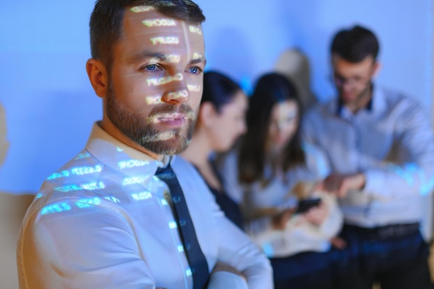 Group of business people working Technical price graph and indicator red and blue candlestick chart and stock trading computer screen background Traders analyzing data