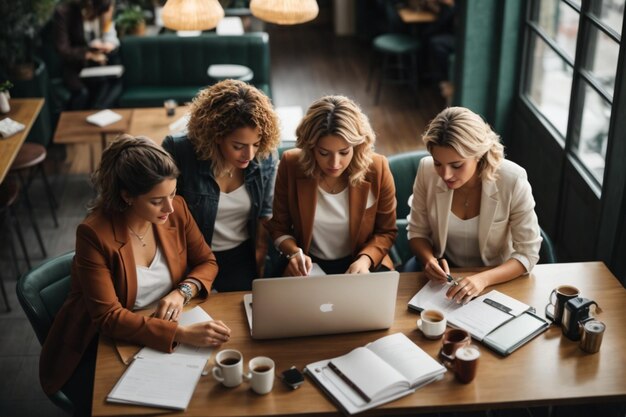 Group of business people working together in coffee shop