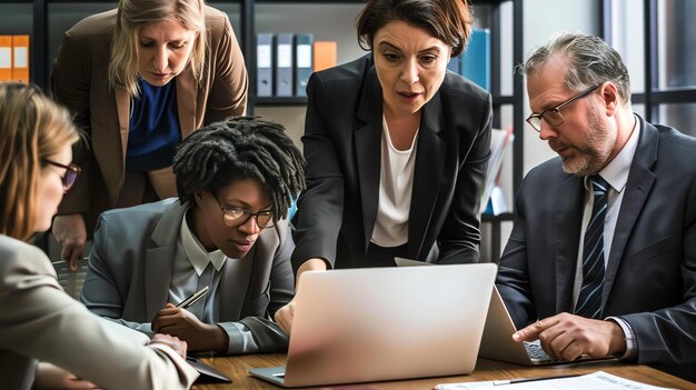 A group of business professionals are gathered around a laptop in a conference room