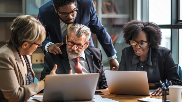 A group of business professionals are working together in an office They are looking at a laptop and discussing something