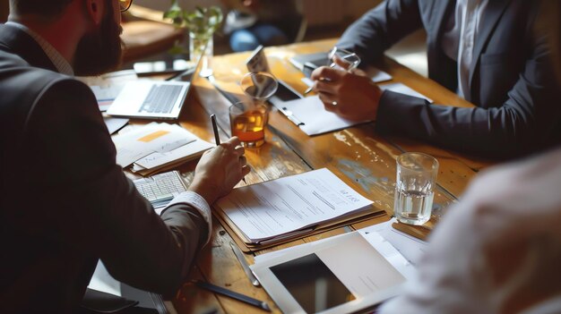 Photo a group of business professionals in suits are sitting around a wooden table having a meeting they are looking at documents and discussing business