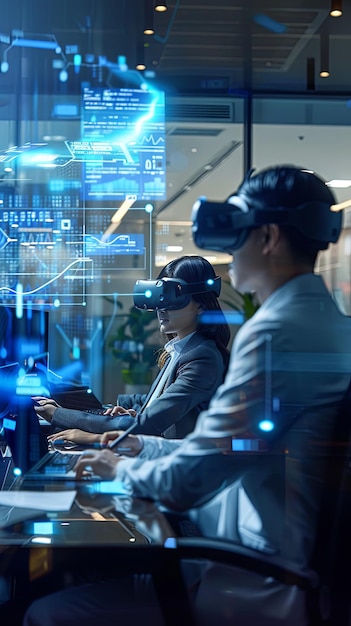 A group of business professionals using VR headsets in a modern office