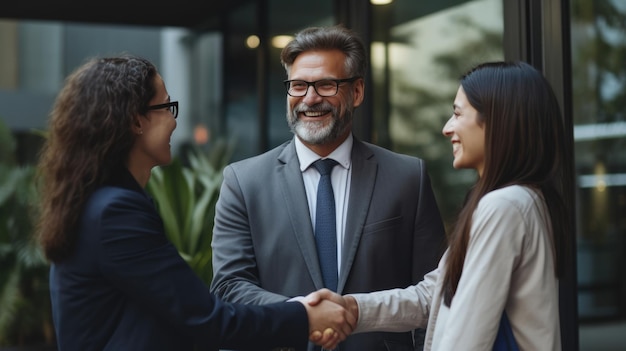 A group of businessmen and a businesswoman shake hands during meeting Created with Generative AI technology