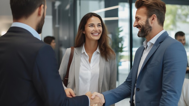 Группа бизнесменов и бизнесменка пожимают друг другу руки во время офисной встречи, созданной с помощью технологии генеративного искусственного интеллекта.