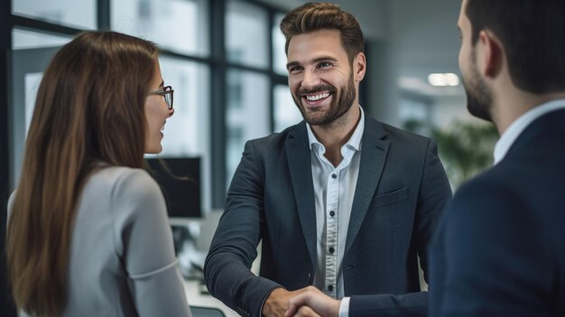 A group of businessmen and a businesswoman shake hands during an office meeting Created with Generative AI technology