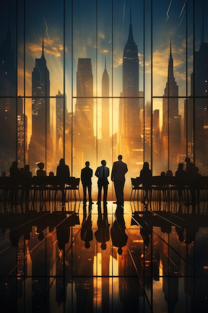 A group of businessmen talking and working in front of a window